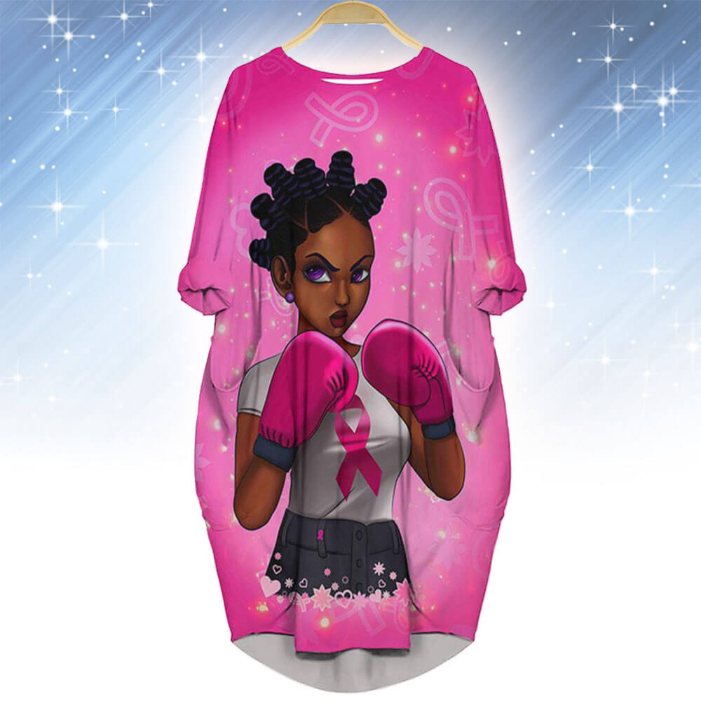 African American Dresses Pretty Afro Girl Breast Cancer Awareness Black Art Long Sleeve Pocket Dress Dreadlocs Are Fighters Afrocentric Clothing