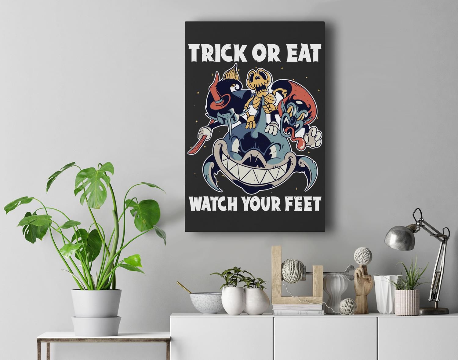 Trick Or Treat Watch Your Feet Halloween Scary Shark Lover Premium Wall Art Canvas Decor