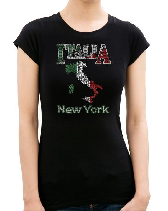 Italia Map With New York Rhinestone Stud Bling Woman Girl Shirttop Lady Shirt