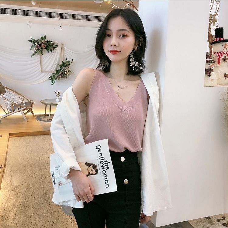 Woman Sweaters Women’s Loose V-neck Short Top with Suspenders Summer Sleeveless Knitwear Femme Chandails Pull Hiver alx