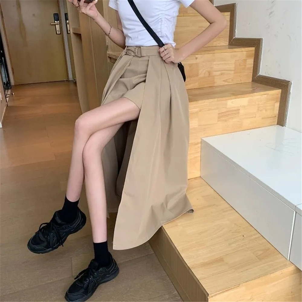 Summer Solid Belted Split Hem Cargo Skirts 2021 Women High Waist Wild Flared Asymmetrical Office Lady A-LINE Skirt Streetwear alx