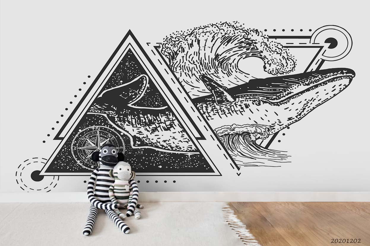 3D Hand Drawn Ocean Whale Tattoo Art Style Geometric Triangle Wall Mural Wallpaper Lxl