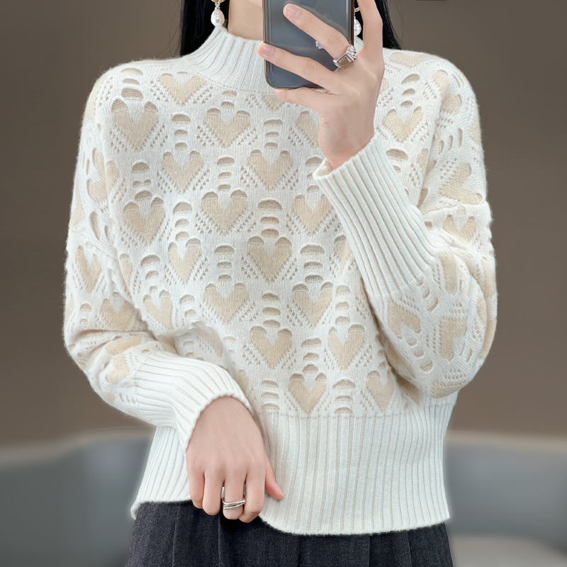 100% Merino Cashmere Sweater Women’s Half High Collar Pullover Fashion Korean Embroidery Top Autumn /Winter Thickened Short Coat alx