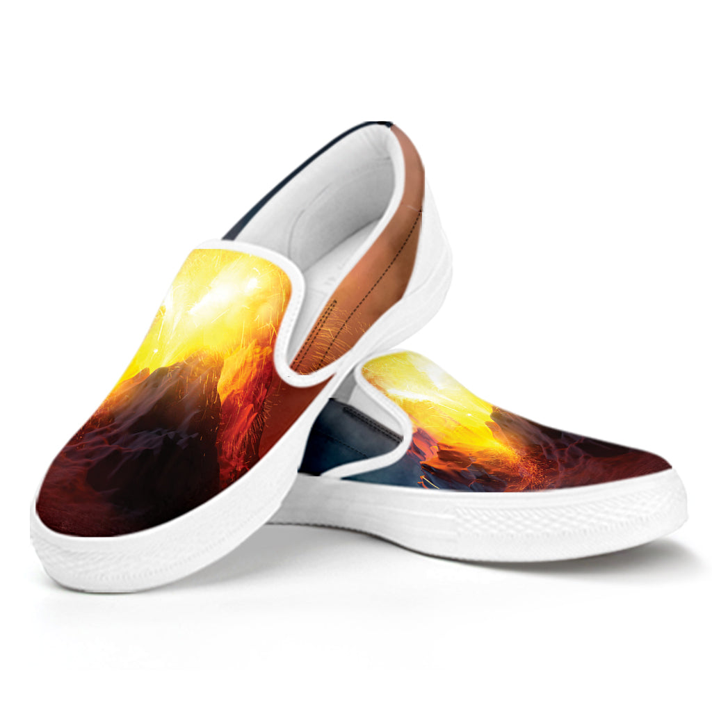 Volcano Eruption Print White Slip On Shoes