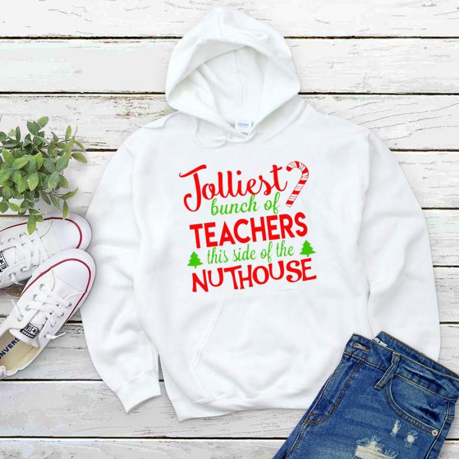 Nuthouse jolliest bunch of teachers candy cane white hoodie for men and women S-5XL