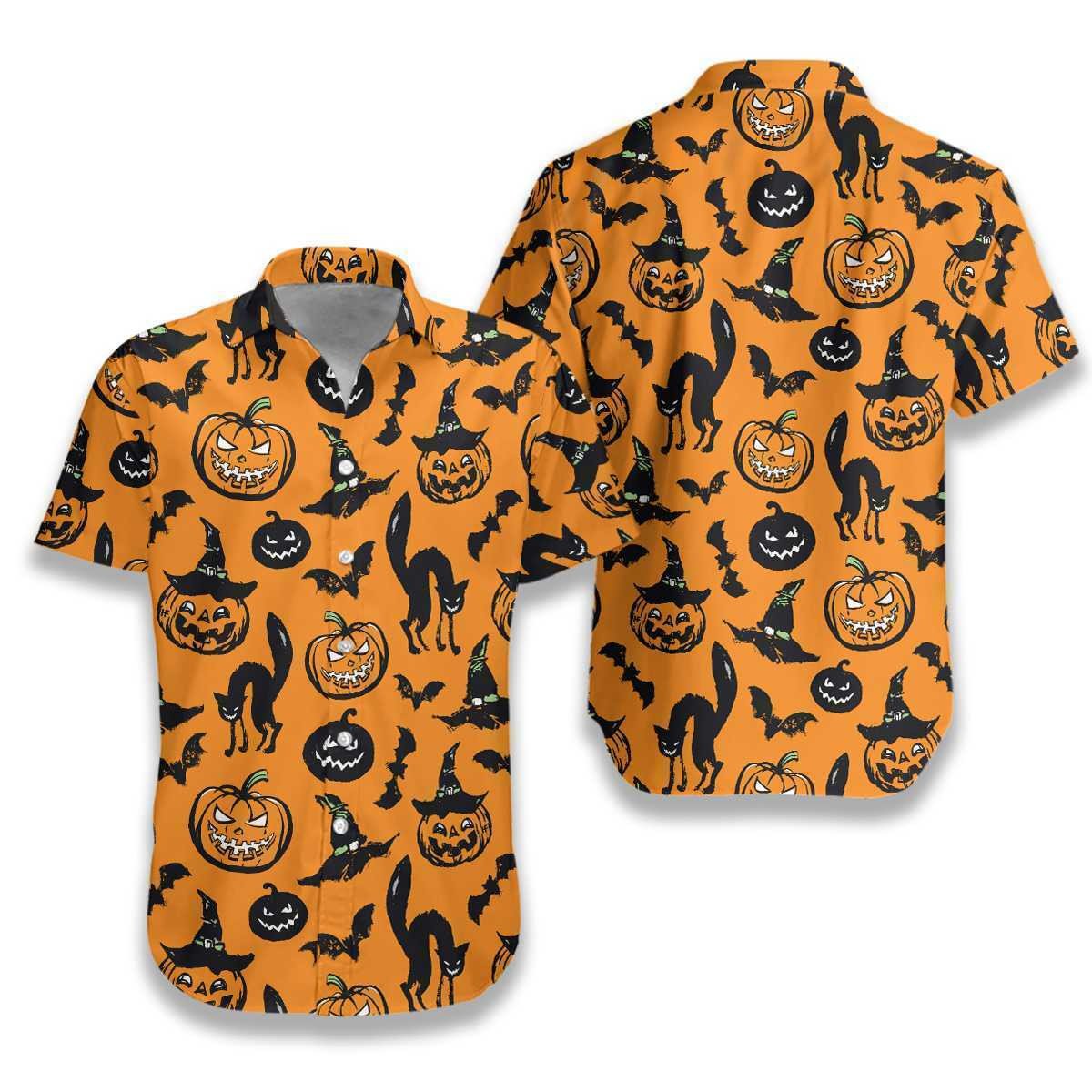 Scary Halloween Black Cat Pumpkin And Bat Orange Unisex Hawaii Shirts Ha97725