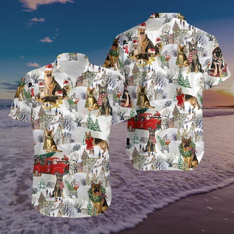 Christmas German Shepherds Print Polyester Hawaii Aloha Shirts Ha96360