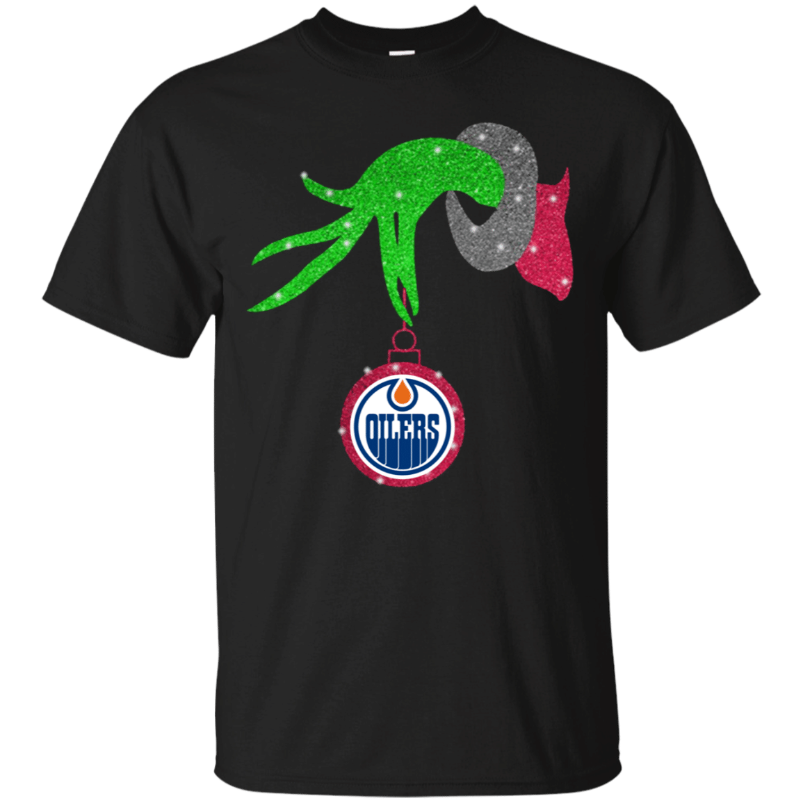 Find Grinch hand holding Edmonton Oilers Glitter Christmas shirt Cotton Shirt