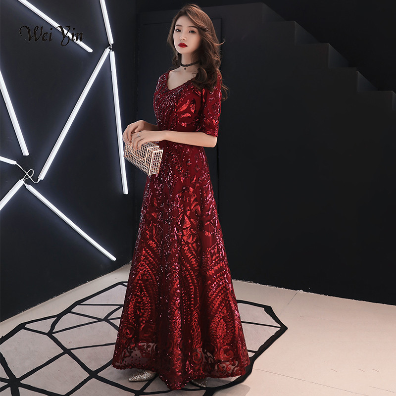 wei yin Robe De Soiree 2022 Wine Red The Elegant V-neck A-line Half Sleeve Evening Gown Wine Red Sequin Vintage Evening Dresses alx