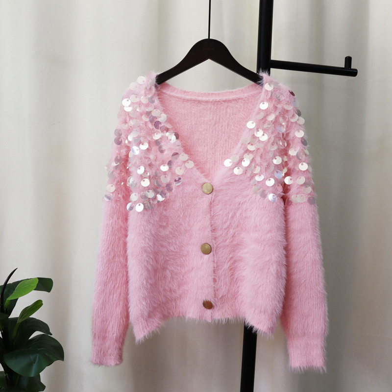 [EWQ] Sweet Imitation Mink Wool Sweater Coat 2022 Winter Clothes Women Sequins Single Breasted Women’s Pink Clothing 16Y5238 alx