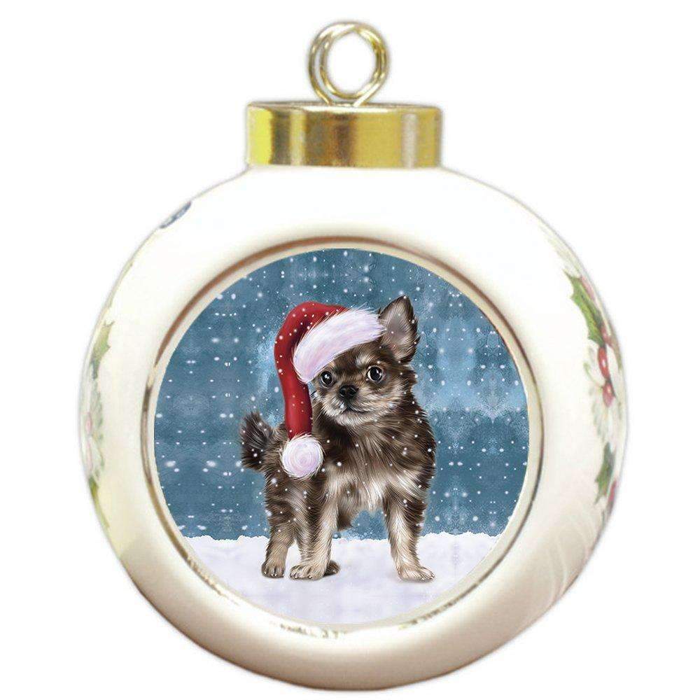 Let It Snow Christmas Holiday Chihuahua Puppy Dog Wearing Santa Hat Round Ball Ornament D279