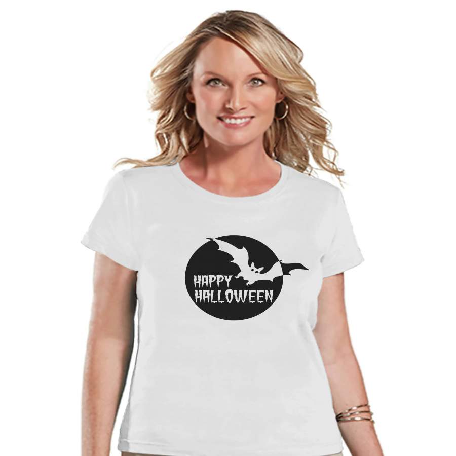 Women's Halloween Shirt - Black Bat Happy Halloween Shirt - Ladies Halloween Party Shirt - Adult Halloween Costumes - White Halloween Shirt x Halloween costumes 2024