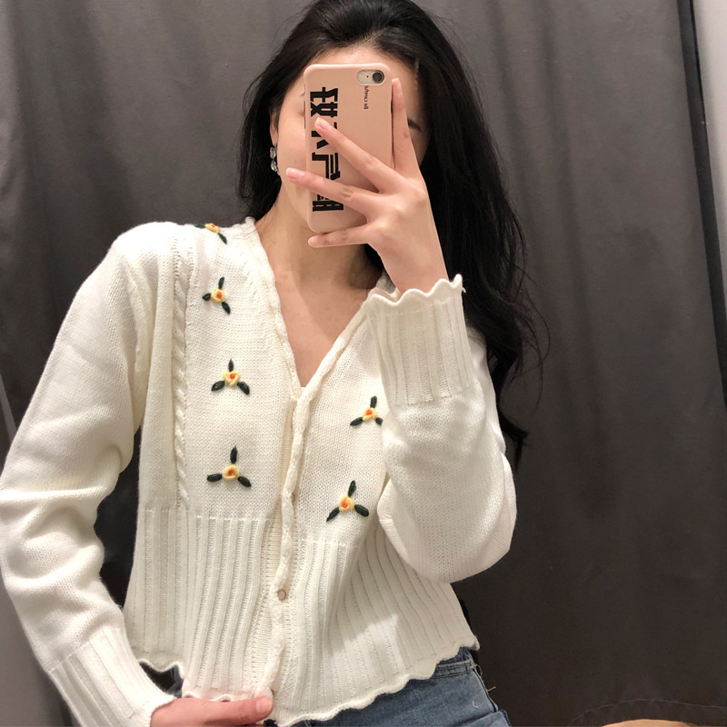 Women Sweater Floral Embroidery Knitted Cardigans V Neck Long Sleeves Short Korean Girl Heart Loose Knit Vintage Warm Tops C016 alx