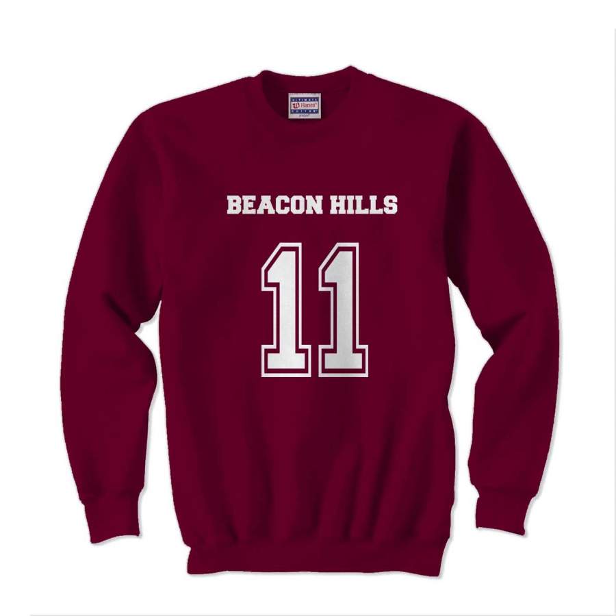 Beacon Hills 11 on Front White Ink Beacon Hills Lacrosse Wolf Crewneck Sweatshirt (Adult)