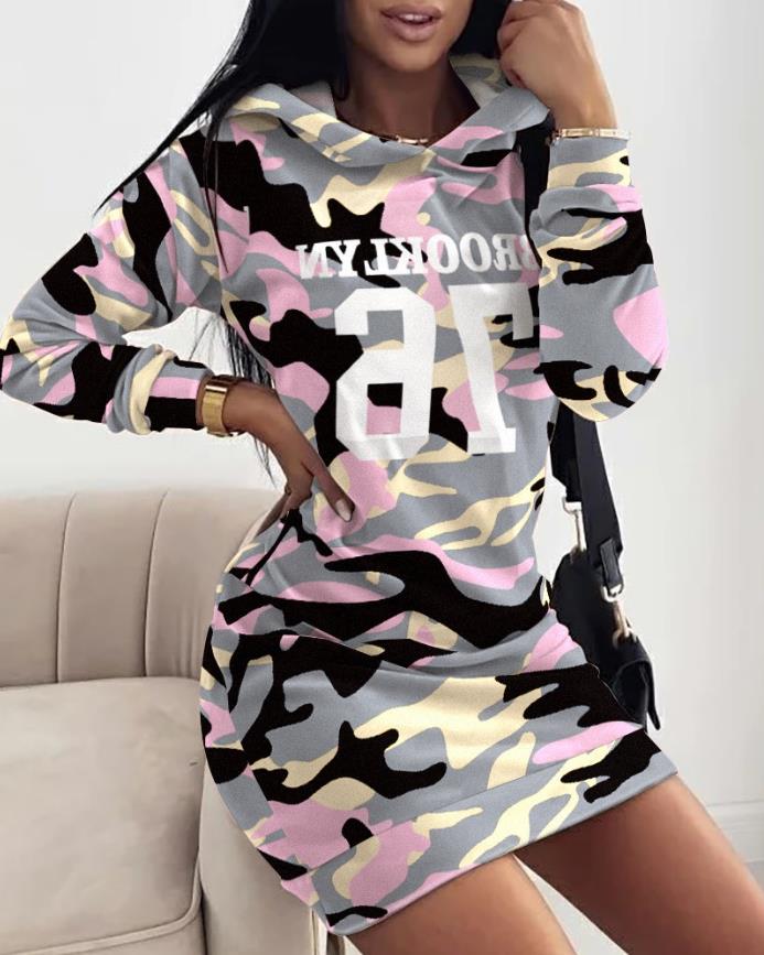 Women’s Autumn and Winter New Casual Letter Camouflage Printing Long Sleeved Hooded Sweatshirt Dress Loose Pullover Dress alx