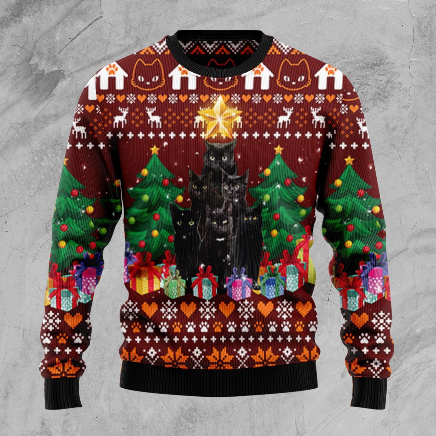 Black Cat Pine Tree Ugly Christmas Sweater | For Men & Women | Adult | Us5062