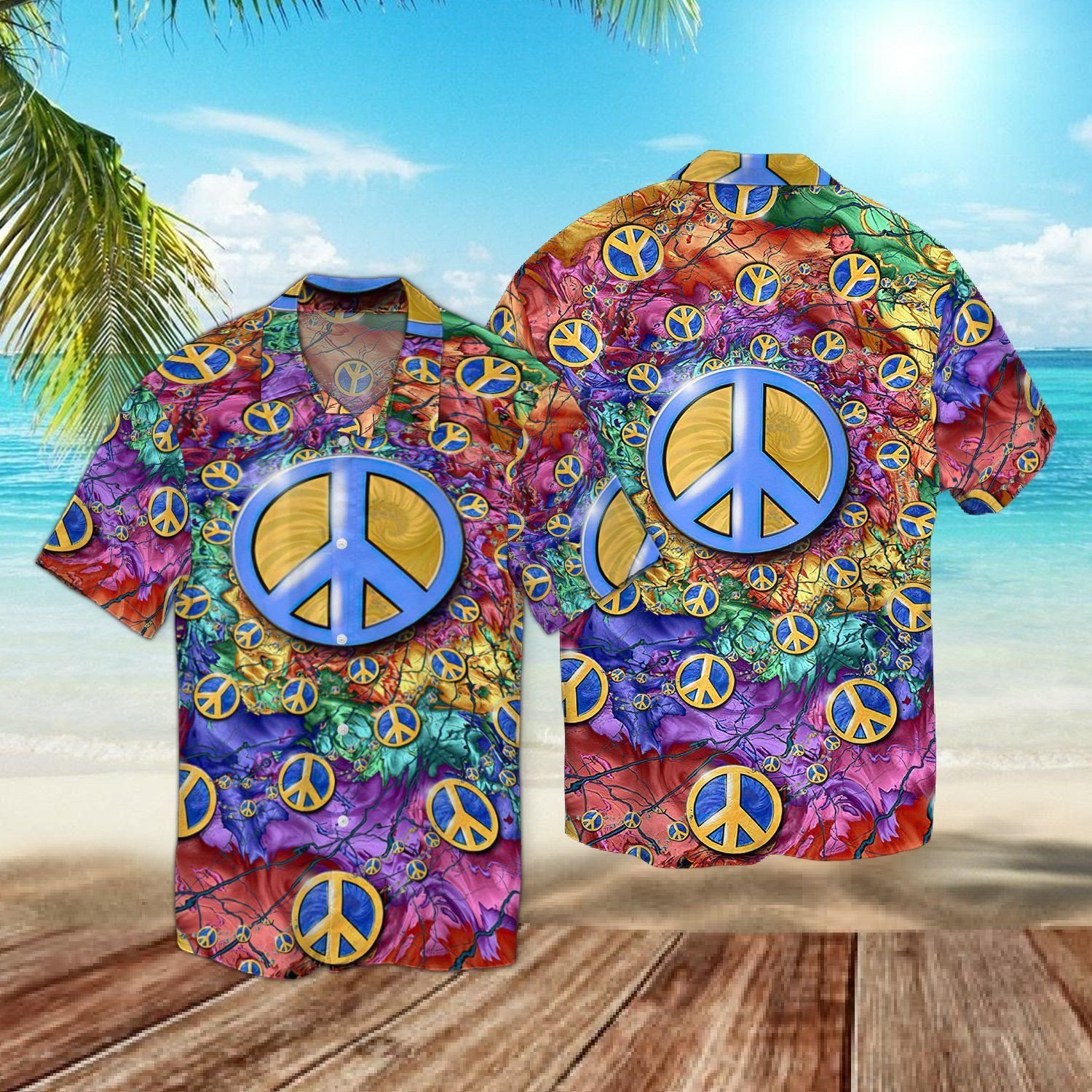 Peace Love Hippie Hawaii Graphic Print Short Sleeve Hawaii Shirt Size S Ha66253