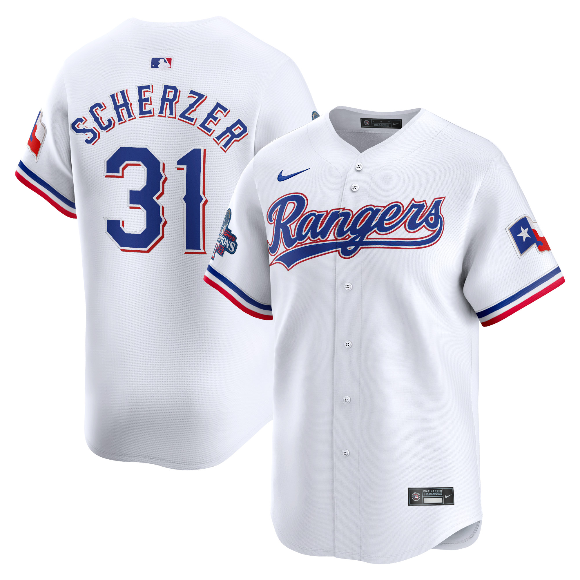 Men’s Texas Rangers Max Scherzer White Home 2023 World Series Champions Limited Jersey