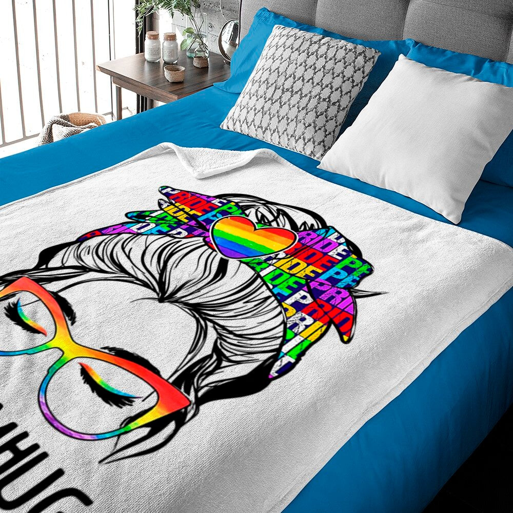 Pride Blankets For Lgbtq, Free Mom Hugs Messy Bun Lgbt Pride Rainbow Blanket, Bedding Decor Lgbtq