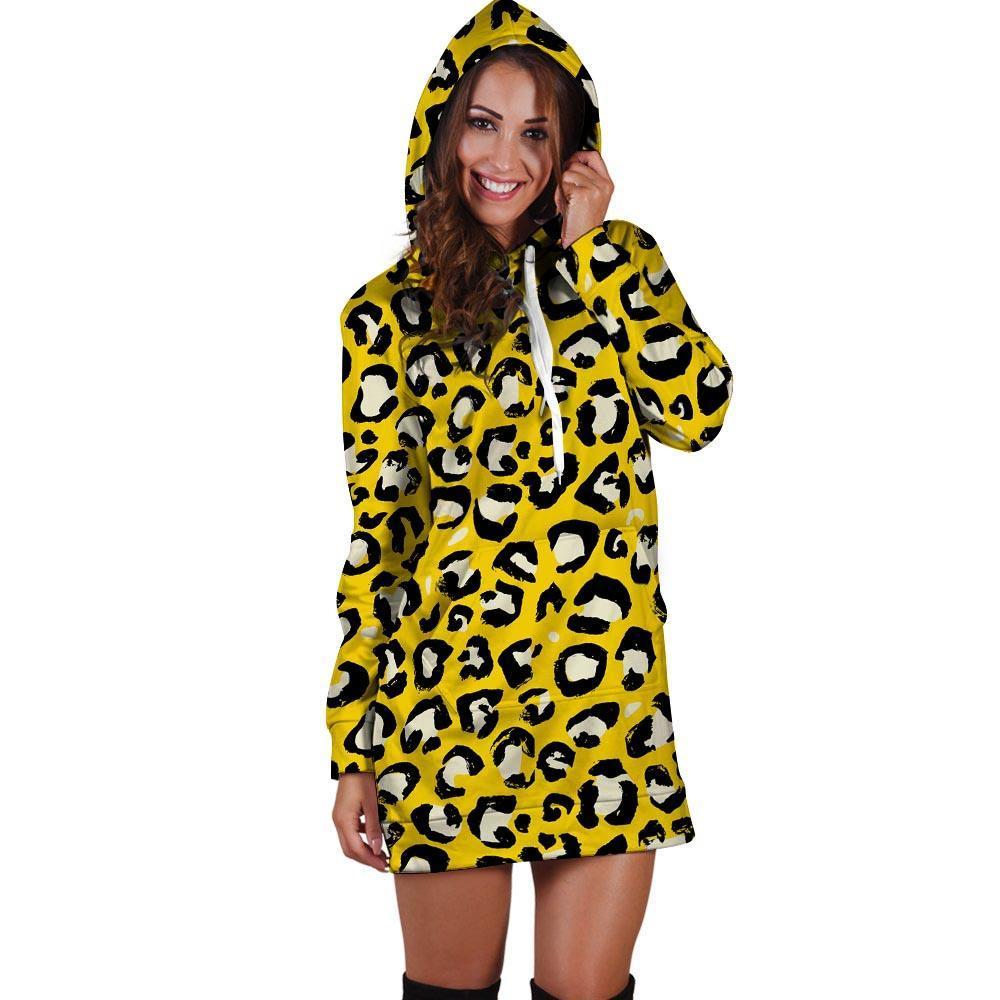 Yellow Leopard Hoodie Dress