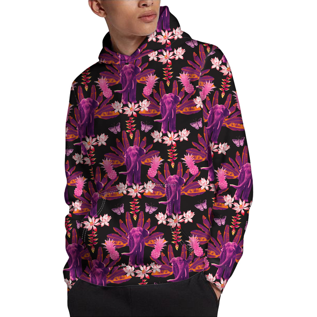 Purple Tropical Elephant Pattern Print Pullover Hoodie