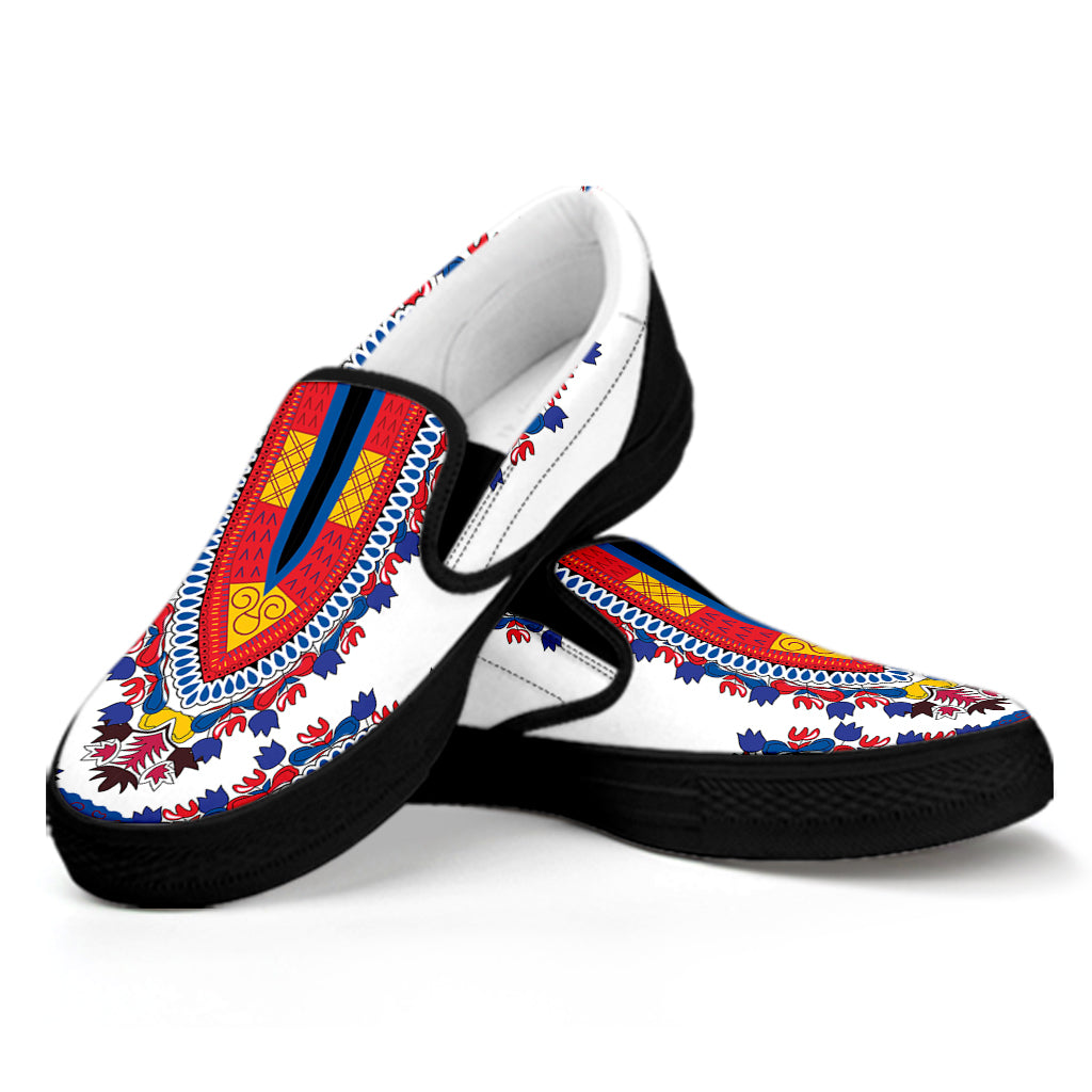 Red And White African Dashiki Print Black Slip On Shoes