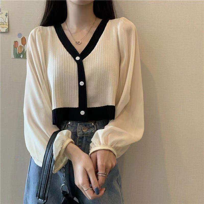 Cardigan Women Sweater Elegant Patchwork Lantern Sleeve Spring Autumn V-neck Sweet Comfortable Lady Office Daily Slim All-match alx