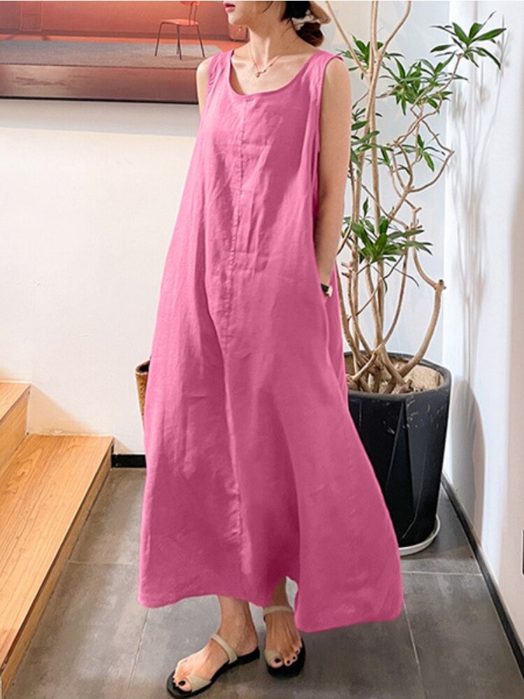 Summer New Long Version Sling Cotton Linen Simple Loose Pocket Round Neck Temperament Sleeveless Dress Women Dress for Women alx