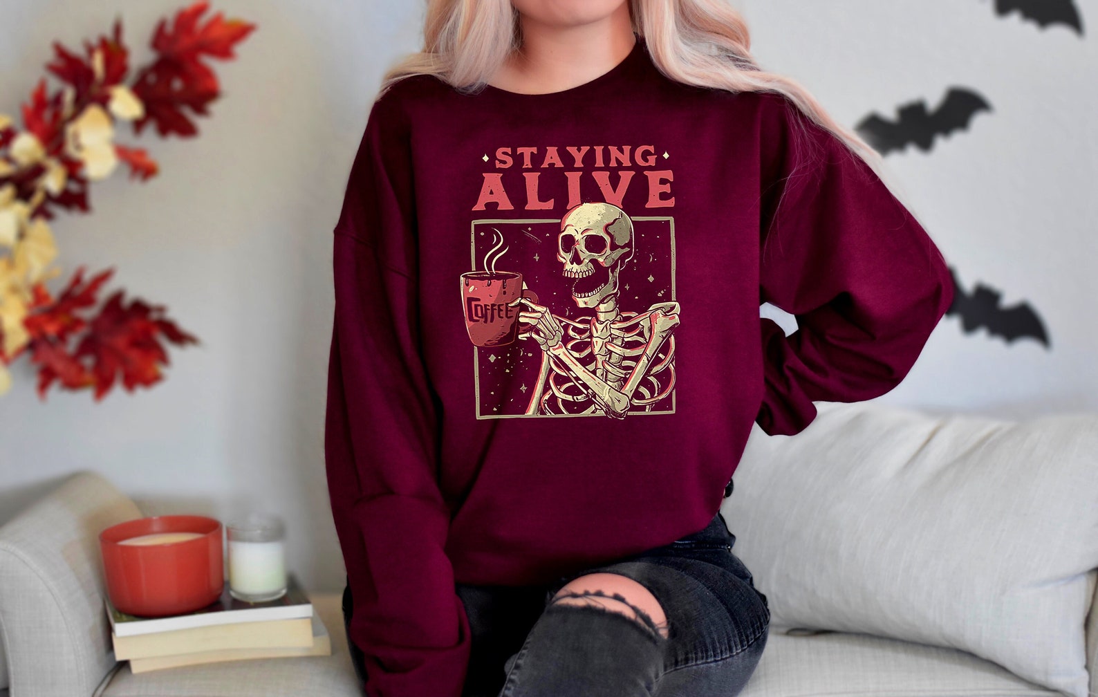 Coffee Sweatshirt, Skull Halloween Sweatshirt, Fall Coffee Latte Halloween Sweatshirt, Womens Coffee Halloween Sweatshirt