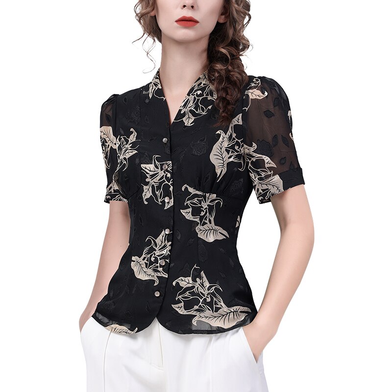 2022 Summer Womens Short Sleeve Embroidered Black Chffon Blouse Elegant French Style Button-Down Shirt Fashion Casual Ladies Top alx