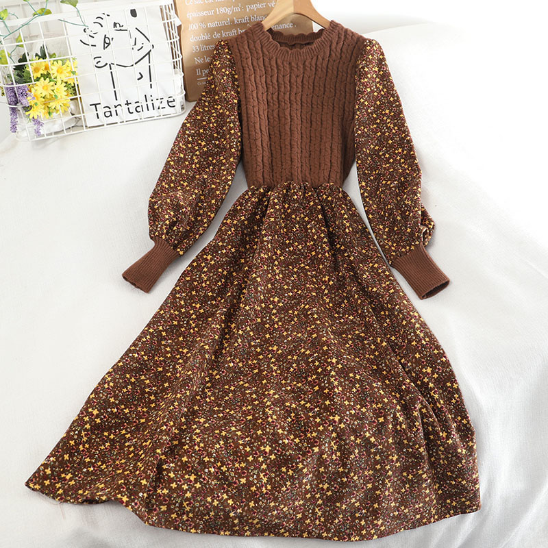 Women’s Knitted Dress Autumn Winter New Long Sleeve Corduroy Floral Dress Female Elegant Sweater A-line Long Veatidos Belt alx