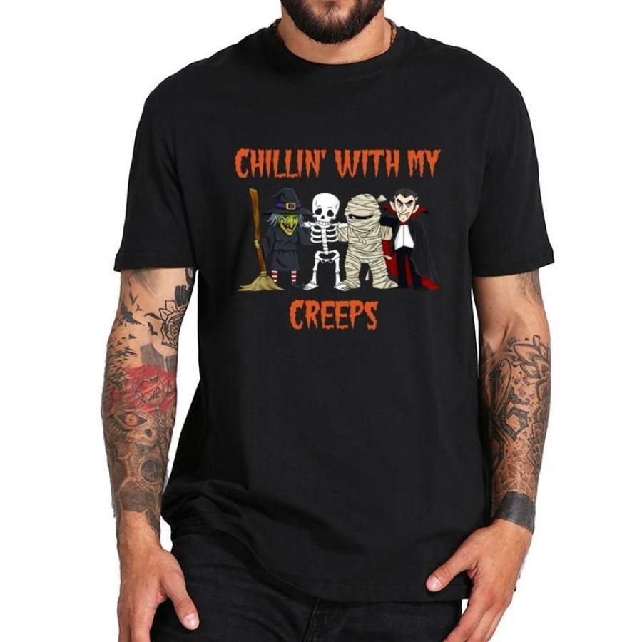 Chillin With My Creeps T Shirt – Mr Ben Vampire Skeleton Witch Horror Tshirt – Us Size 100% Cotton