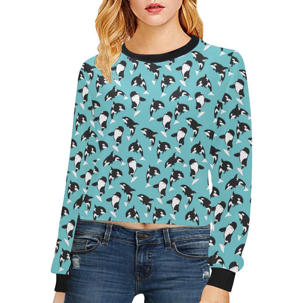 Whale Action Design Themed Print Cropped Pullover Sweatshirt