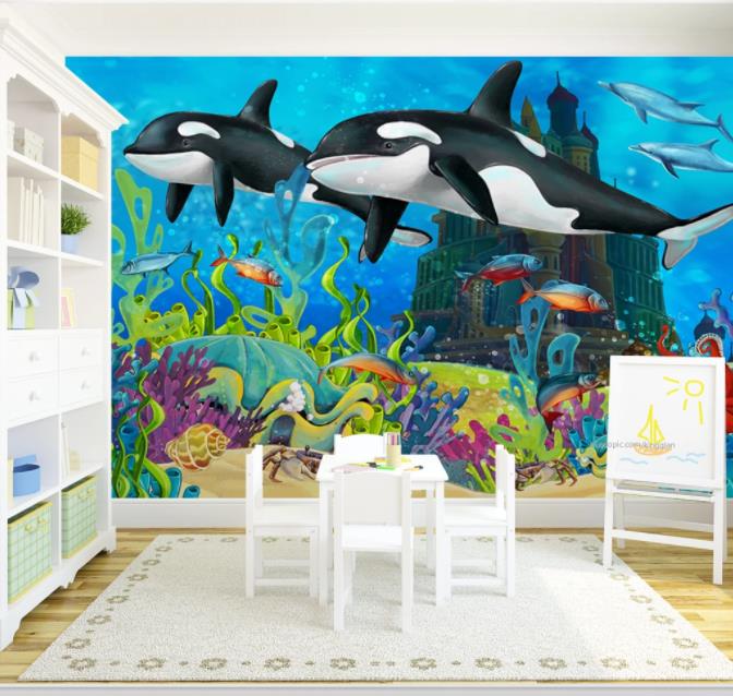 3D Cartoon Underwater World Whale Wall Mural Wallpaper 199