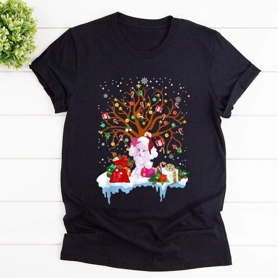 Christmas poodle christmas tree santa funny dog ornament candy cane gifts black cotton t shirt for men and women S-6XL