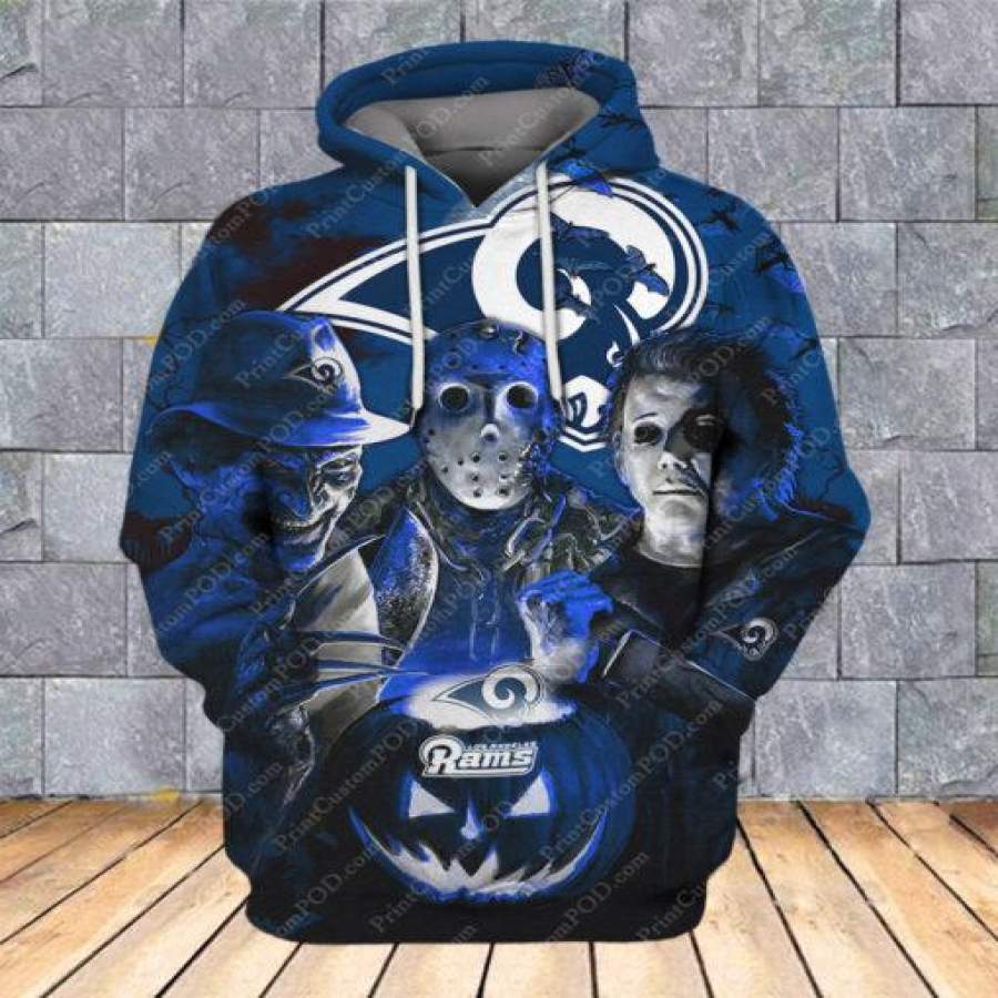 Horror Los Angeles Rams All Over Print – Los Angeles Rams 3D Hoodie – Los Angeles Rams With Jason Voorhees, Freddy Krueger, Michael Myers Hoodie