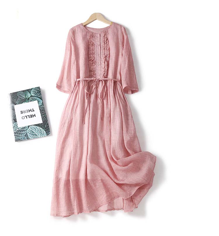 2022 New Summer Vintage Literary Women Clothing O-Neck Lace Up Ruffles Dresses Ladies Cotton and Linen Elegant Fashion Vestidos alx