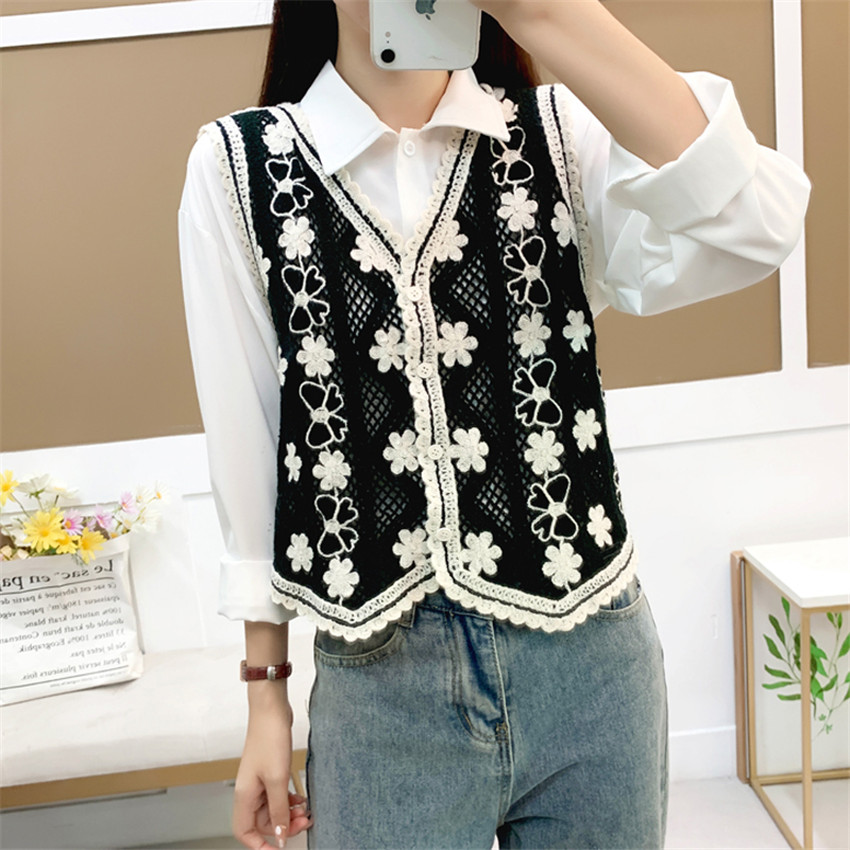 Chaleco Mujer Vintage Crochet Vest Tops Women Floral Embroidery Kniited Vests Waistcoat Sleeveless Jackets Outwear Cropped alx