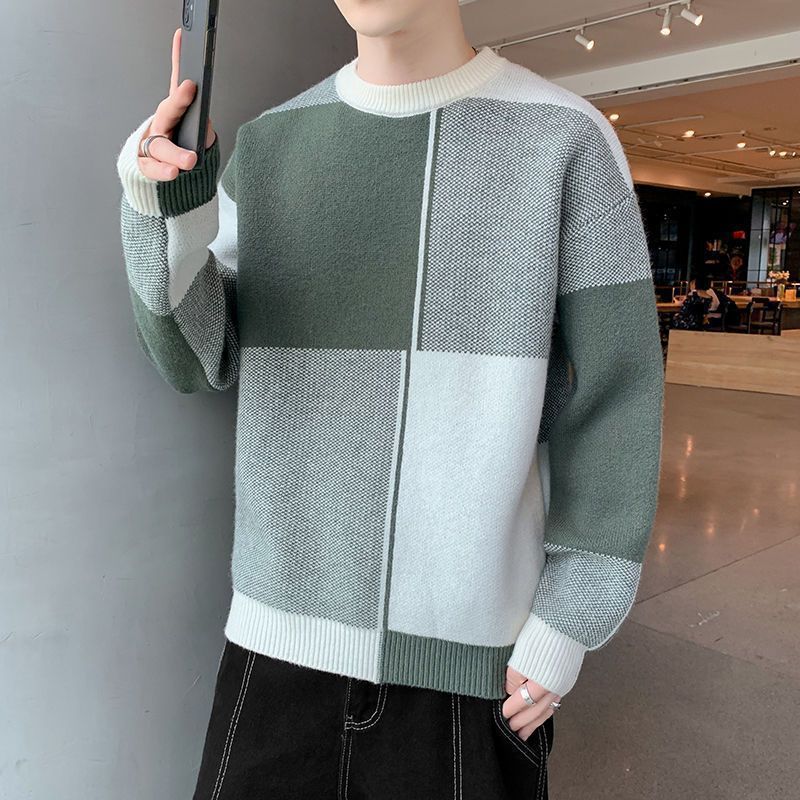 Sweaters For Men Crewneck Korean Fashion Patchwork Men Streetwear Long Sleeve Knitted Sweater Pullover Jumpers Street Fashion alx