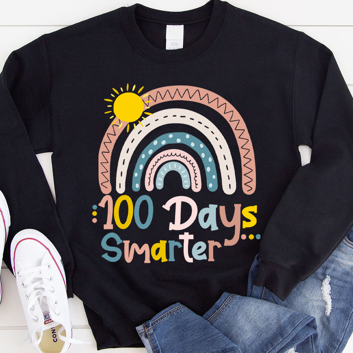 100Th Day Of School Teacher 100 Days Smarter Leopard Rainbow – Standard Crew Neck Sweatshirt – Standard Crew Neck Sweatshirt