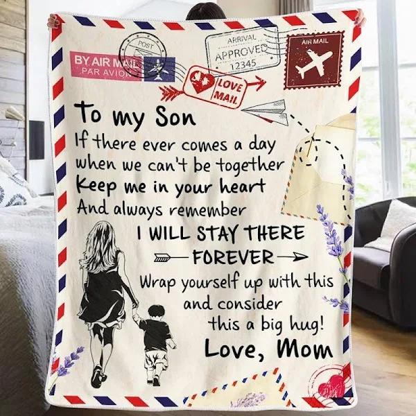 To My Son Keep Me In Your Heart Always Remember I’Ll Stay There Forever Fleece Blanket Gift For Son From Mom Home Decor Bedding Couch Sofa Soft And Comfy Cozy