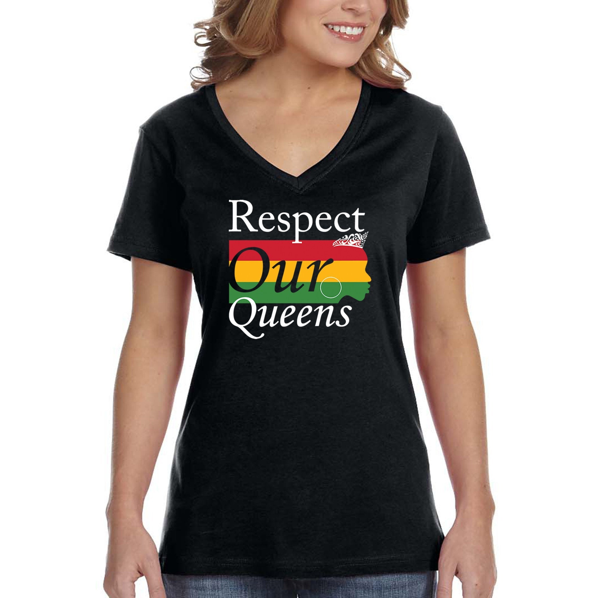 Xtrafly Apparel Women’S Respect Our Queens Black Is Beautiful Lives Matter Blm African American Pride Heritage Afro Rasta V-Neck T-Shirt