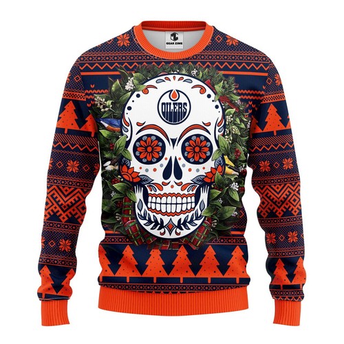 Edmonton Oilers Skull Flower Christmas Gift For Fan Ugly Wool Sweater Christmas