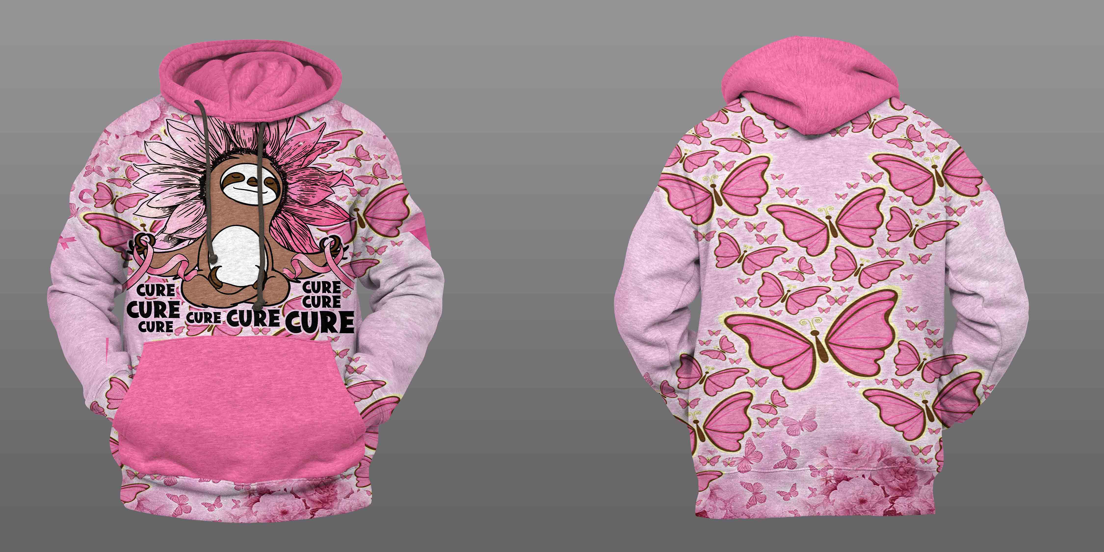 Happy Sloth Hoodie Cure Tshirt – Butterflies Breast Cancer Awareness 3D Hoodie Christmas Gift For Girl Woman Friend Sweater Pink