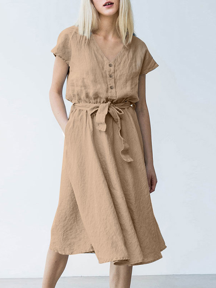 Summer Sundress ZANZEA Elegant Women V Neck Casual Loose Short Sleeve Shirt Dress Belted Fashion Work OL Midi Vestidos Kaftan alx