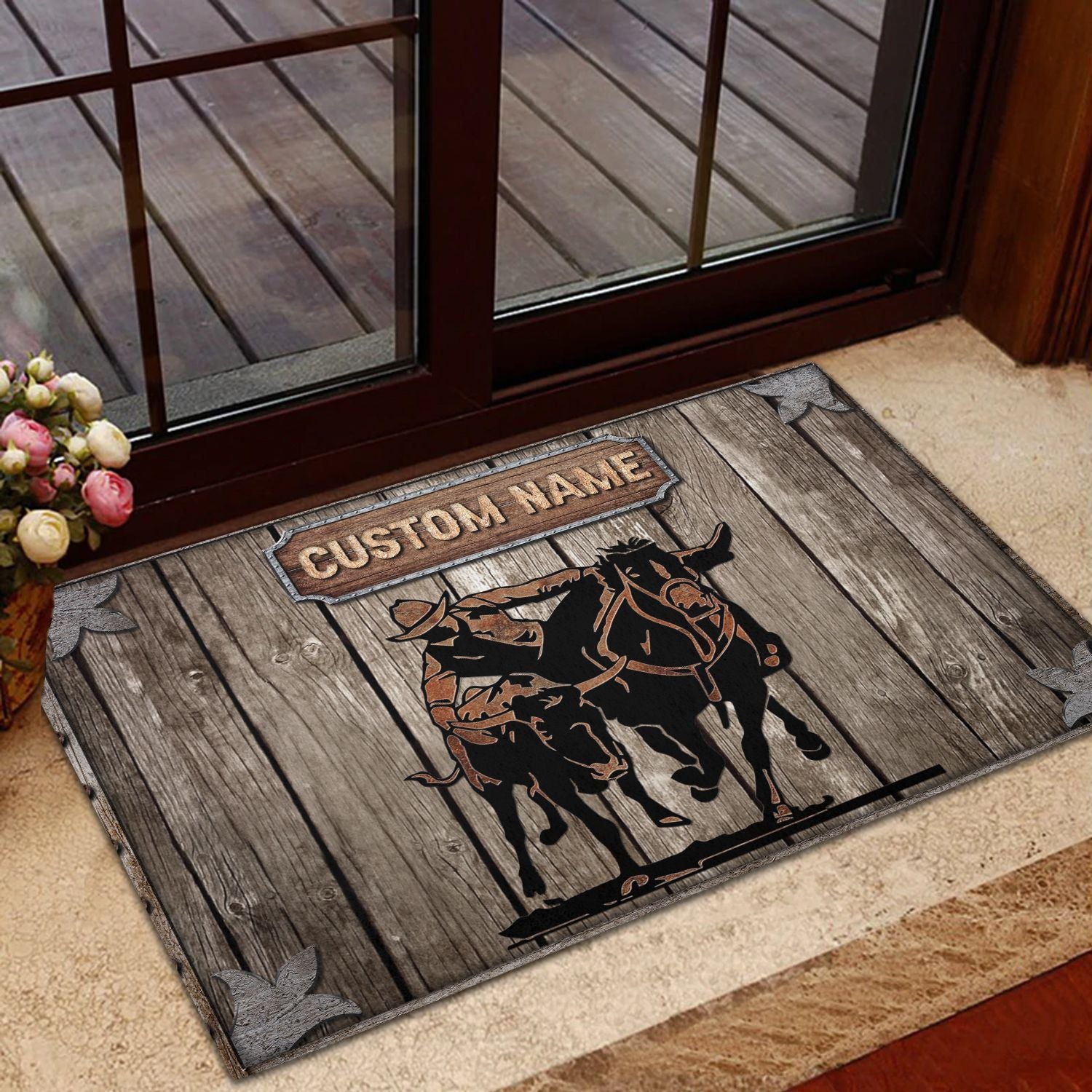 Personalized Steer Wrestling Custom Name Doormat