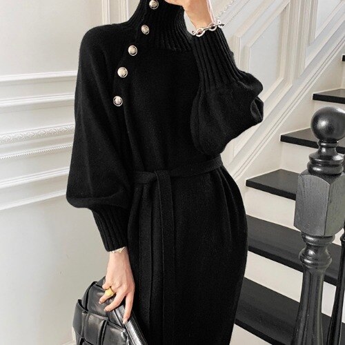 2022 New Fashion Sexy Lace Up Slim Knitted Dress Autumn Winter Loose Turtleneck Long Sweaters Dresses Ladies Clothing alx