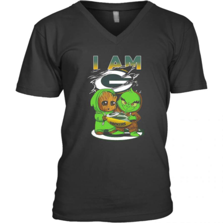 Baby Groot And Baby Grinch I AM Green Bay Packers V-Neck T-Shirt