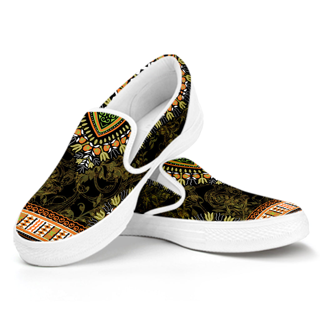 Orange And Black African Dashiki Print White Slip On Shoes