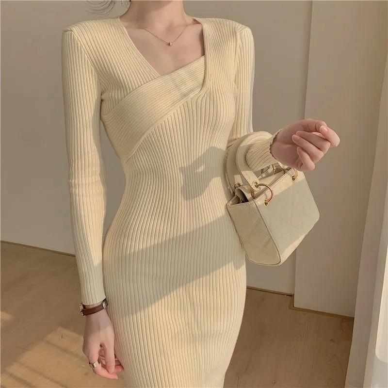 Solid Sexy Sweater Knitted Dress Long Slim Korean Style Versatile Bottomed Dress Autumn and Winter Wholesale alx